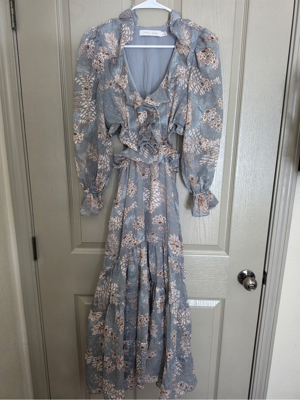 bishop + young Dusty Blue Floral Ruffle Maxi Dress